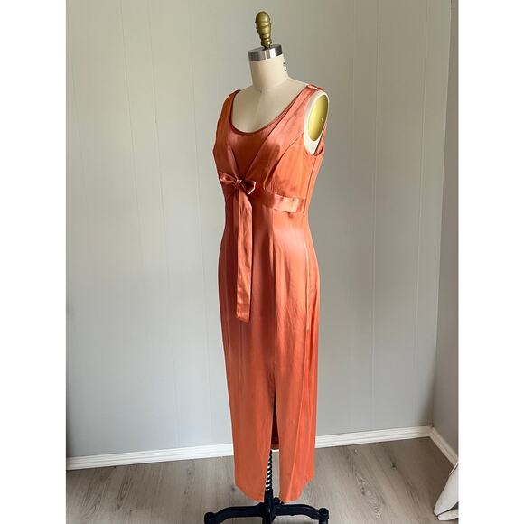 Vintage 90s Y2K Just Choon Peach Copper Satin Dress 7 Maxi Midi Vamp Vixen Shiny - Picture 6 of 16